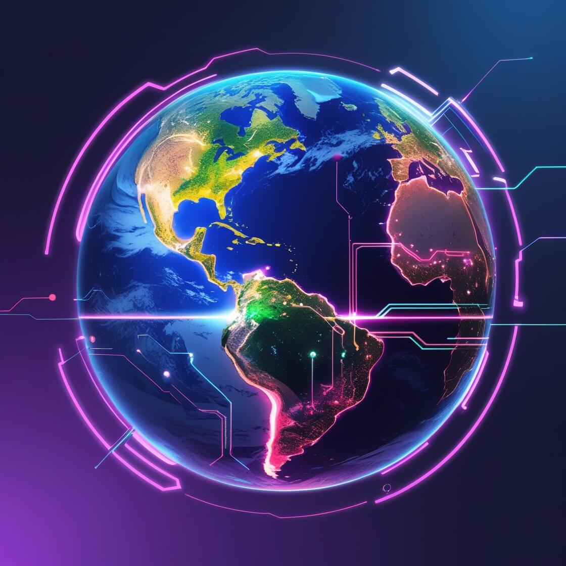 Globo terráqueo con América iluminada dentro de una retícula circular de conexiones digitales en neón
