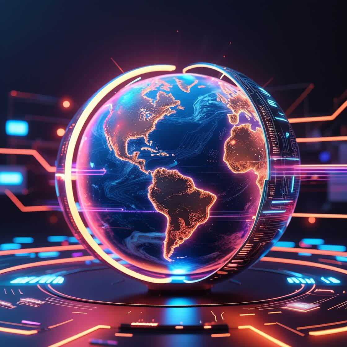 Globo terráqueo con los continentes en naranja, rodeado de anillos de datos sobre una plataforma luminosa