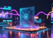 Chip luminoso con el rótulo SEO sobre una plataforma, entre curvas de velocidad y gráficos de neón