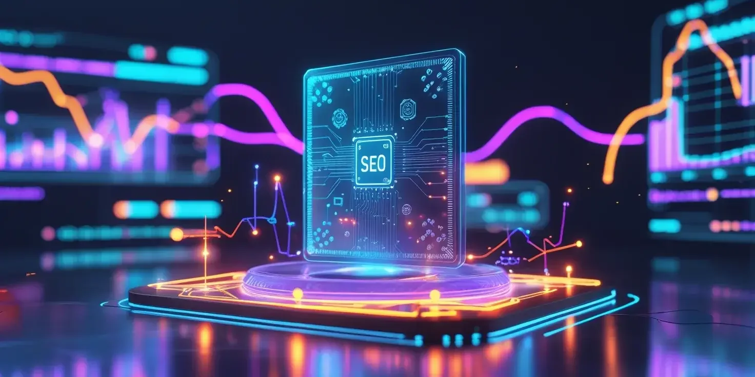 Chip luminoso con el rótulo SEO sobre una plataforma, entre curvas de velocidad y gráficos de neón