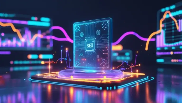 Chip luminoso con el rótulo SEO sobre una plataforma, entre curvas de velocidad y gráficos de neón