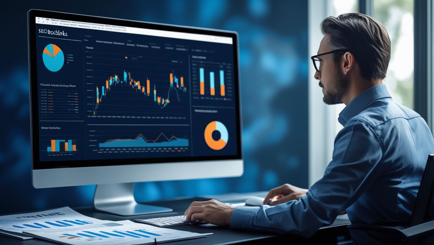 Analista con gafas sigue en un monitor la evolución de las métricas de una web en un panel de gráficos