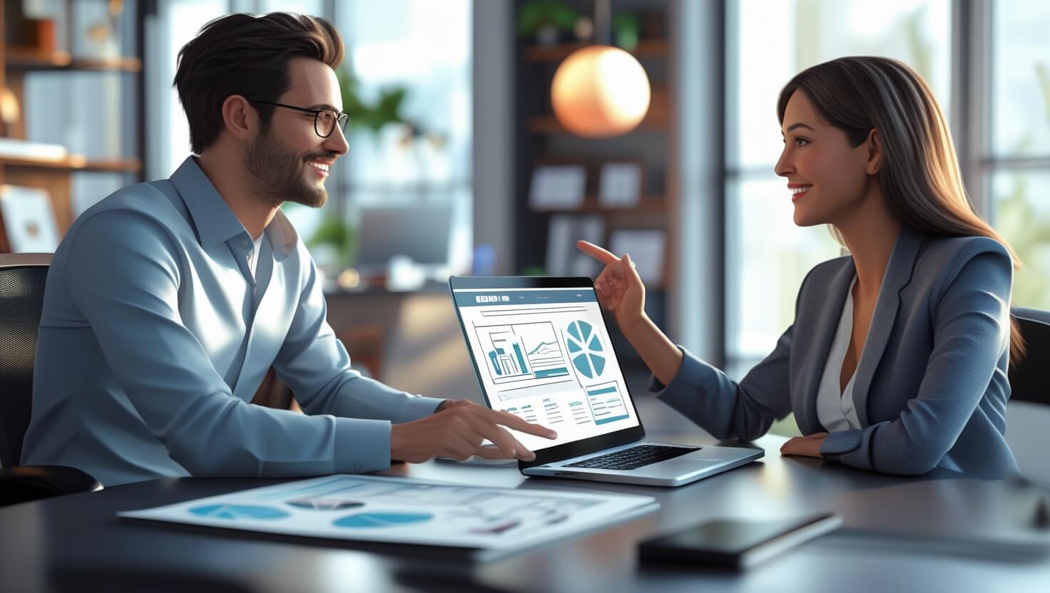 Dos profesionales revisan en un portátil las gráficas de una web