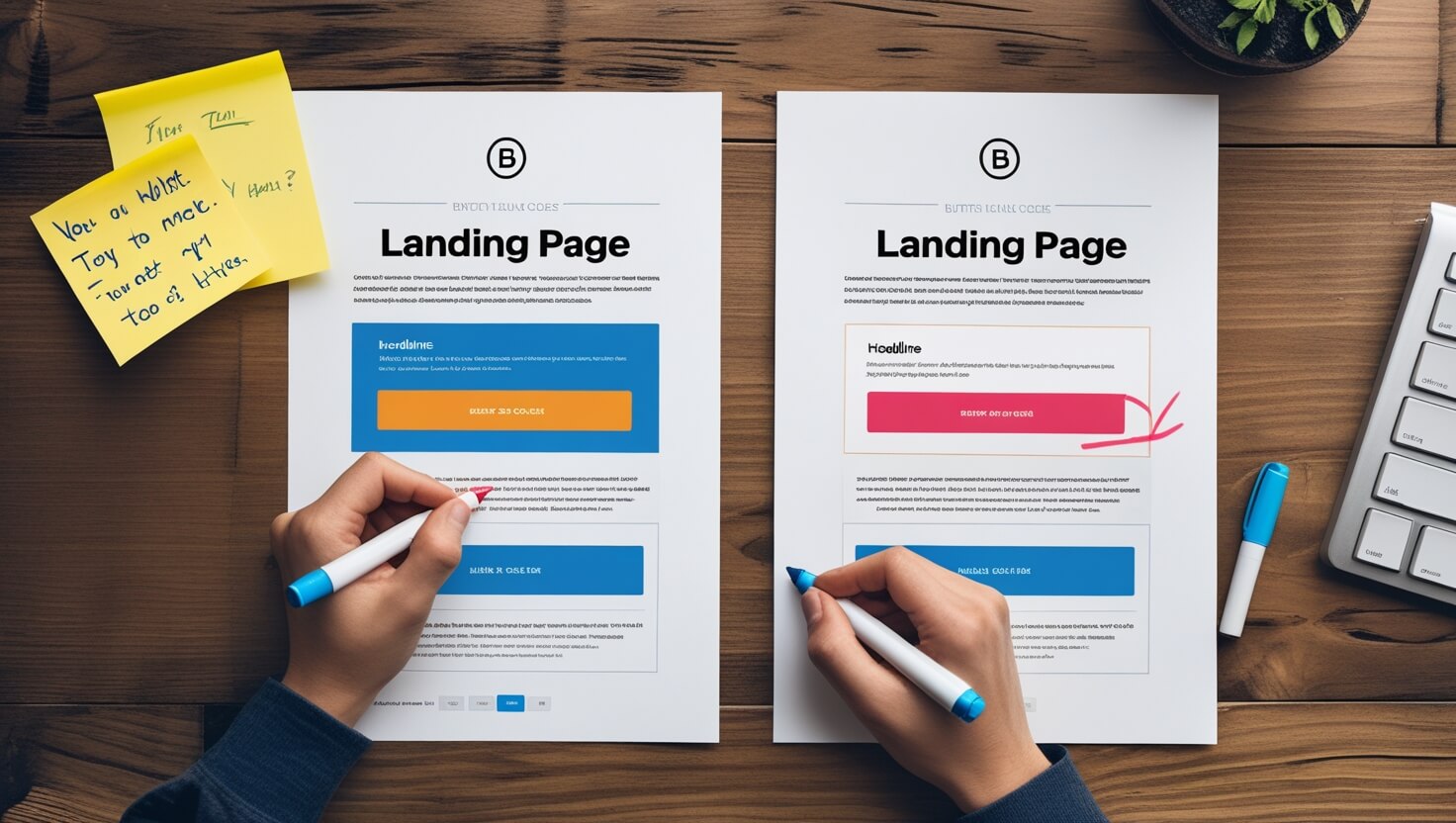 Dos versiones impresas de una landing page, A y B, anotadas a mano con rotuladores sobre una mesa