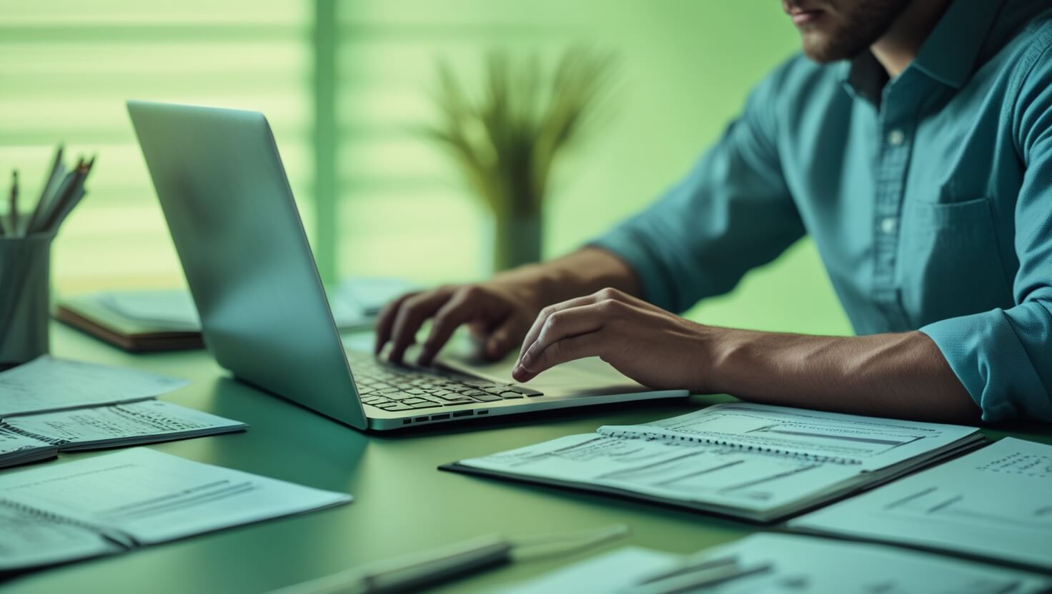 Manos escribiendo en el teclado de un portátil sobre una mesa con documentos, en tonos verdes