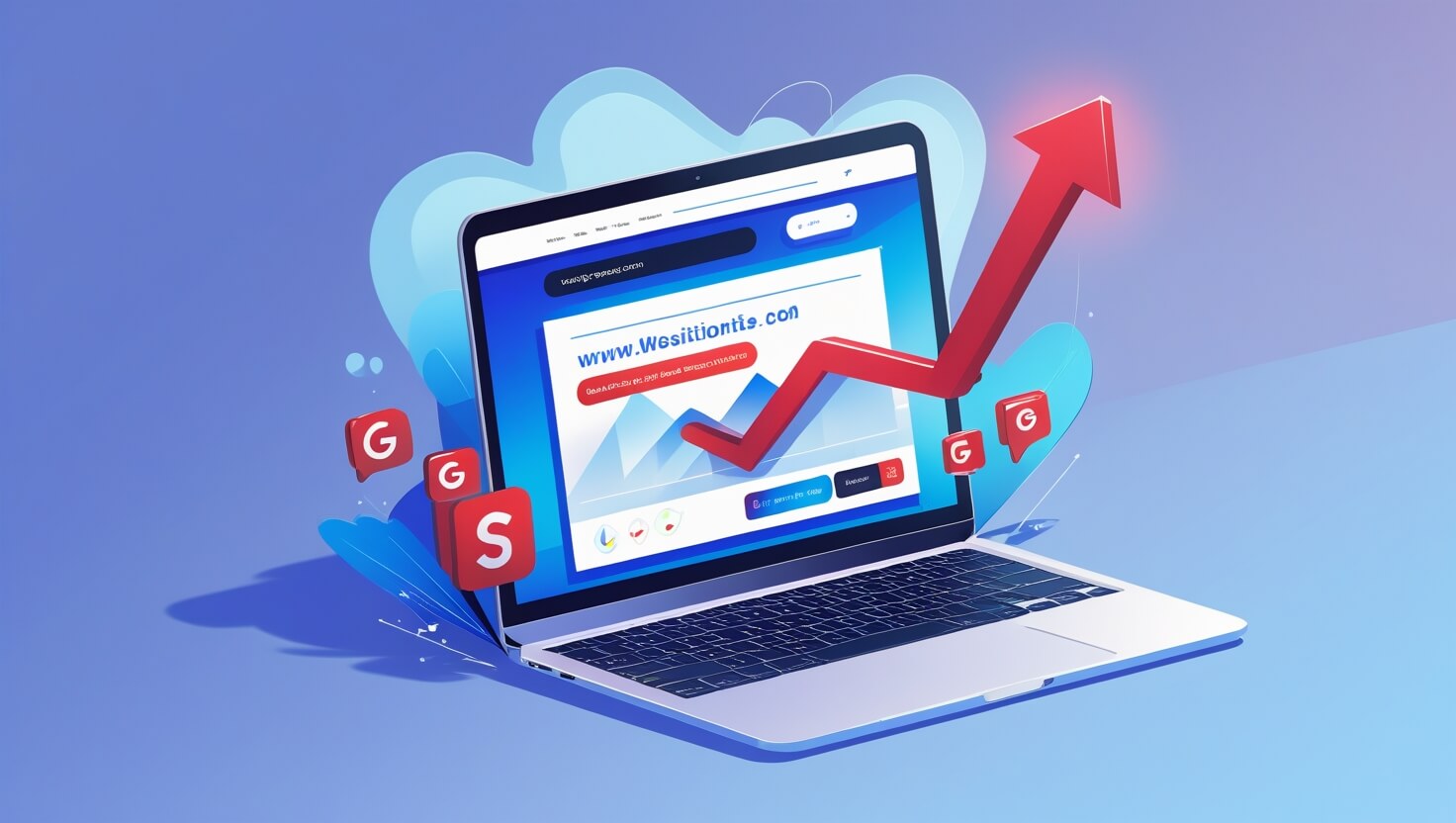 Portátil con una web y una flecha de crecimiento junto a iconos de redes