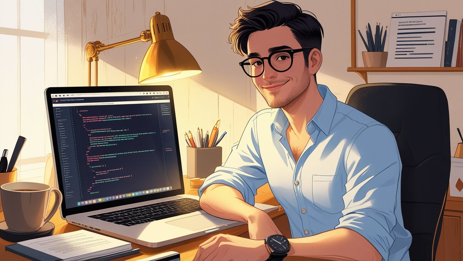 Ilustración de un programador sonriente con gafas que escribe el código de una web en su portátil
