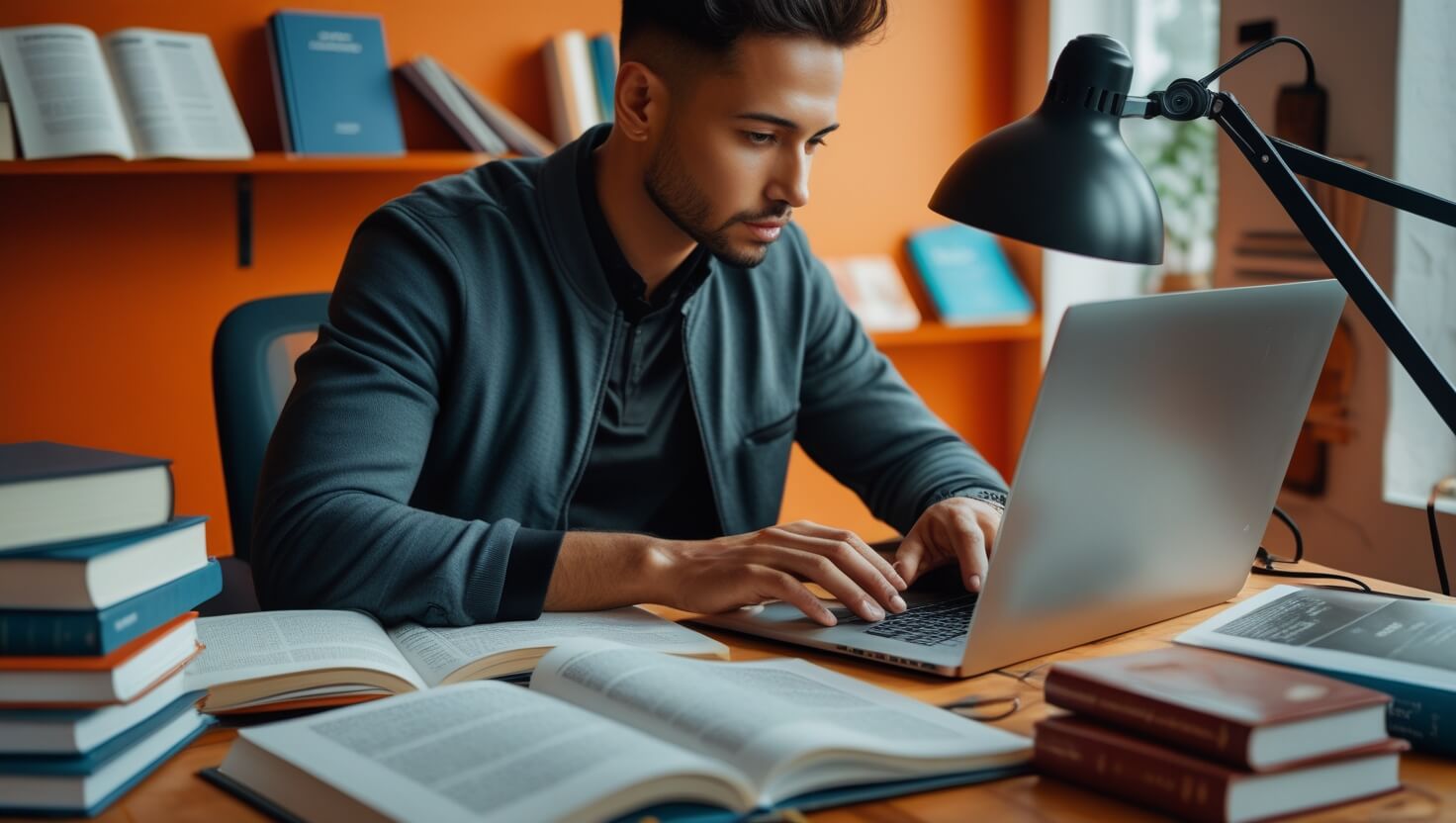 Redactor documentándose entre libros para escribir contenidos enlazables