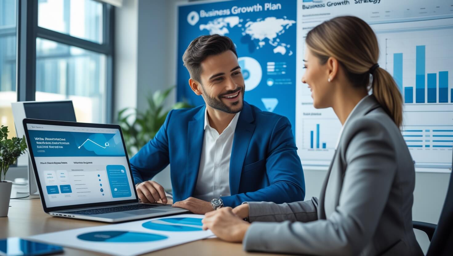 Dos profesionales sonríen ante un portátil y los gráficos de un plan de crecimiento de negocio