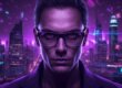 Experto en SEO con gafas de pasta ante una ciudad nocturna en violeta, con cifras y datos flotando en el aire