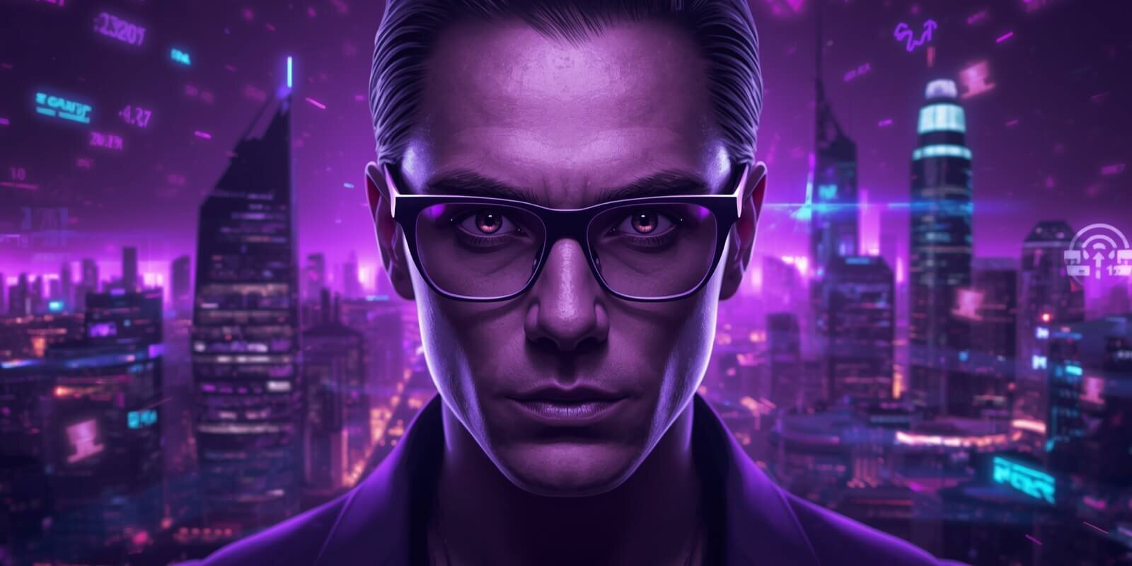 experto seo Experto en SEO con gafas de pasta ante una ciudad nocturna en violeta, con cifras y datos flotando en el aire