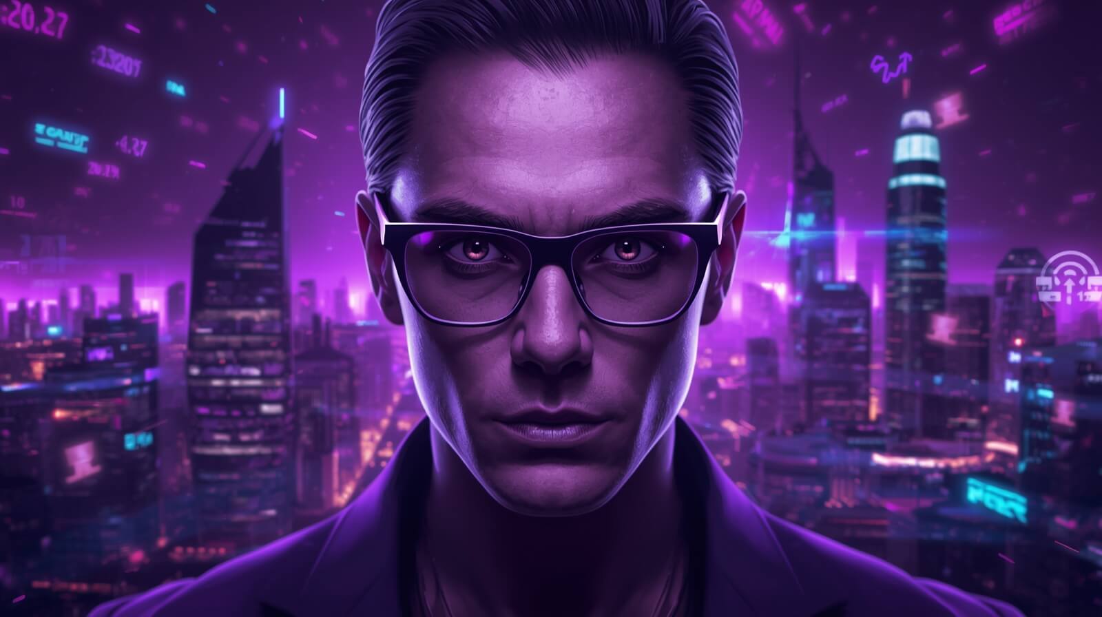Experto en SEO con gafas de pasta ante una ciudad nocturna en violeta, con cifras y datos flotando en el aire
