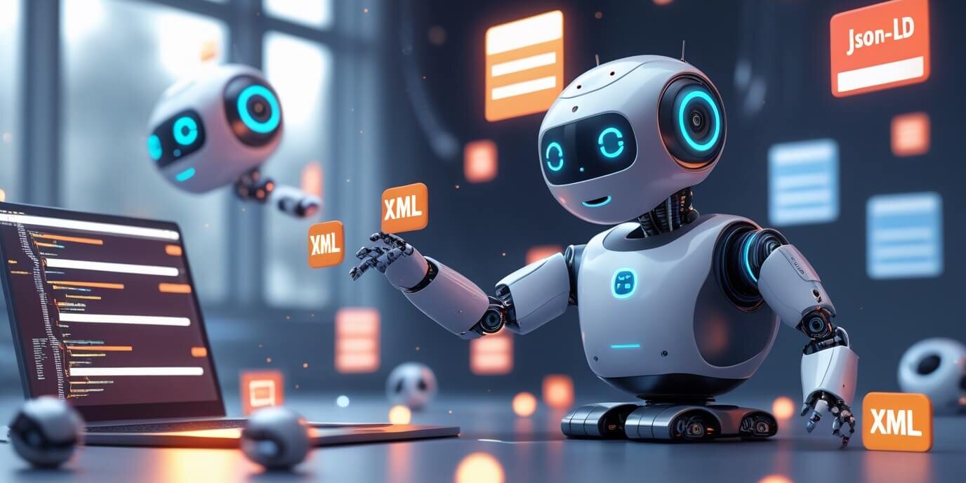 ia datos estructurados Robots leyendo el código de una web con etiquetas JSON-LD y XML