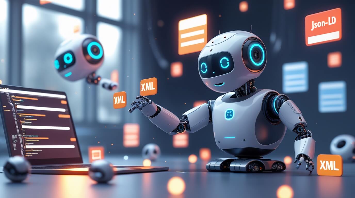 Robots leyendo el código de una web con etiquetas JSON-LD y XML