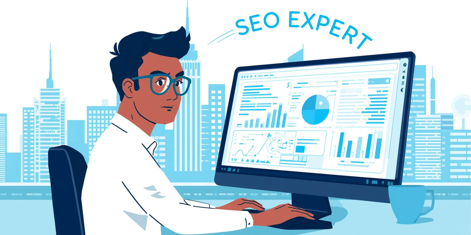 seo expert Especialista SEO analizando gráficas de posicionamiento en su monitor