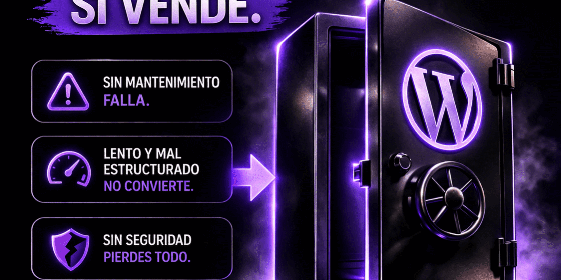 Protege tu WordPress con seguridad Cartel «WordPress bien hecho sí vende» con una caja fuerte y los riesgos de una web sin mantenimiento ni seguridad