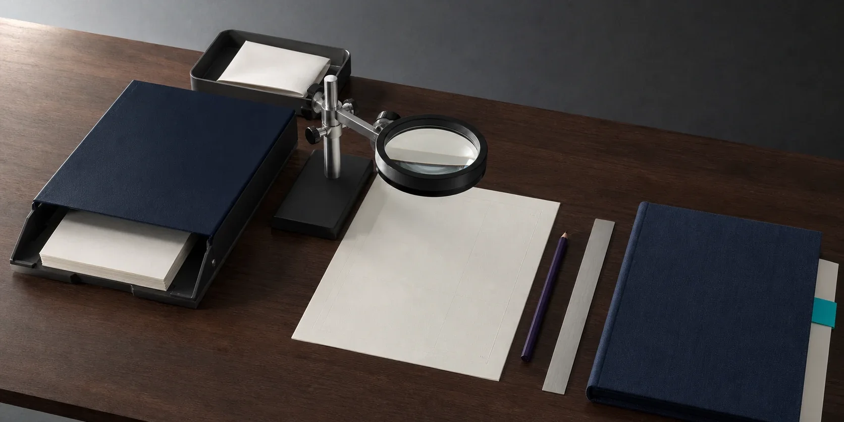 Contenido SEO con IA: flujo de trabajo y control de calidad – imagen editorial Mesa editorial corporativa con fuentes organizadas y controles físicos de calidad