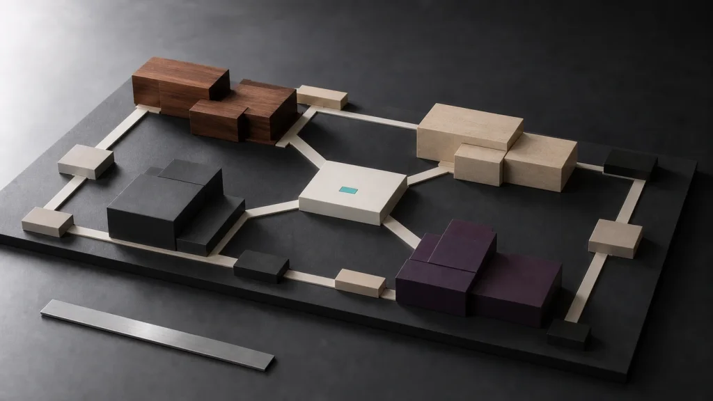 Maqueta arquitectónica corporativa que organiza varios servicios mediante un hub y rutas jerárquicas