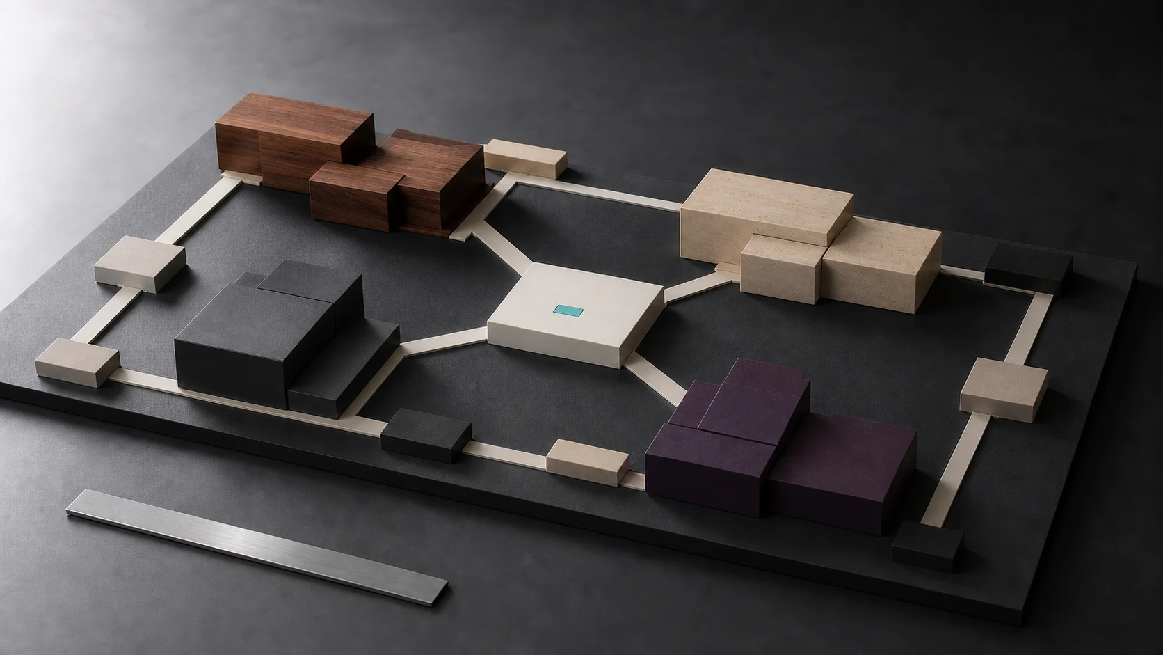 Maqueta arquitectónica corporativa que organiza varios servicios mediante un hub y rutas jerárquicas