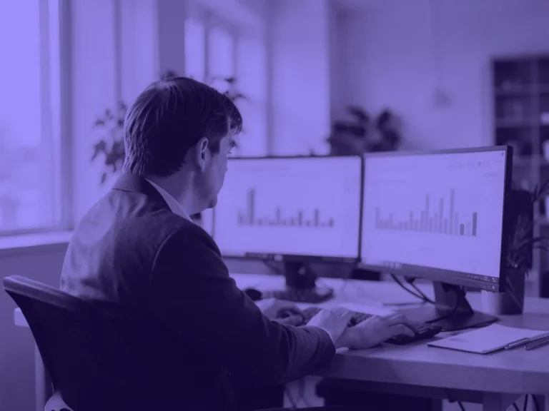 Analista de espaldas trabajando ante dos monitores con gráficas de barras en su escritorio