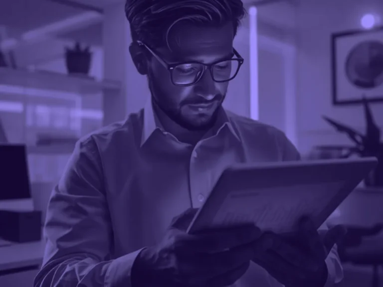 Hombre con gafas consulta los datos de su web en una tableta, en una foto en duotono violeta