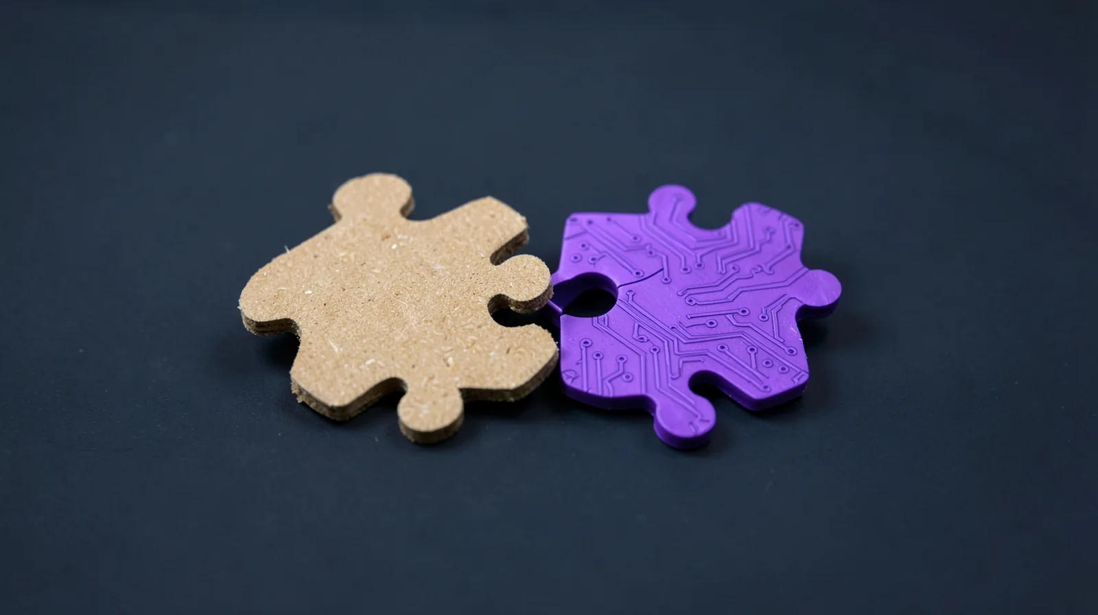 Pieza de puzle de cartón que encaja con otra violeta con circuitos, la digitalización de una pyme paso a paso