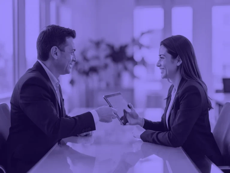 Consultor entregando una tableta a una clienta sonriente en una mesa de reuniones de cristal