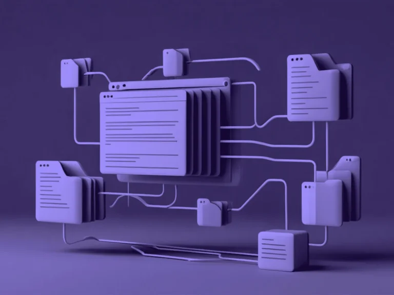 Esquema en violeta de una página central conectada con carpetas y subpáginas: la estructura de una web