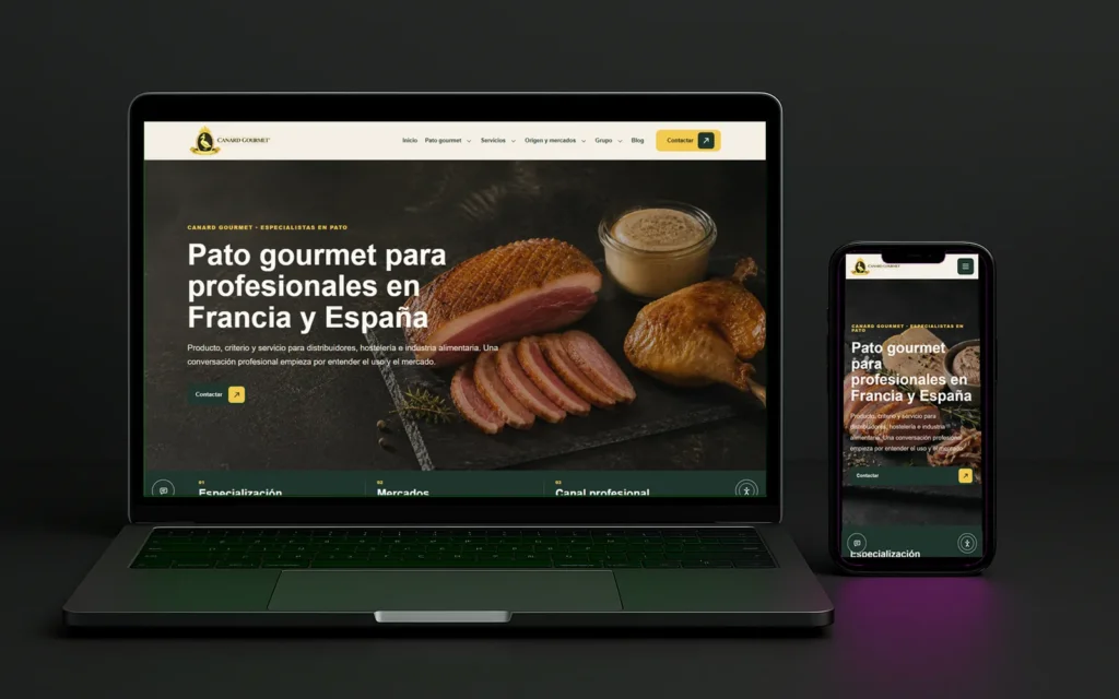Web de Canard Gourmet con el lema «Pato gourmet para profesionales en Francia y España», en portátil y móvil