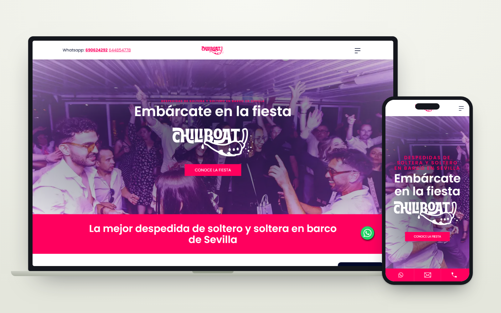 Web de ChiliBoat: contenido para captar despedidas en Sevilla vista en ordenador y en móvil