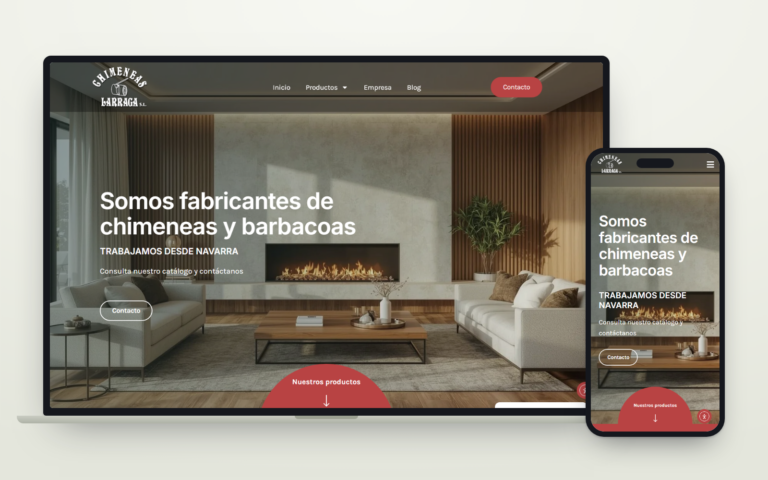 Web de Chimeneas Larraga, fabricantes de chimeneas y barbacoas en Navarra, vista en ordenador y en móvil