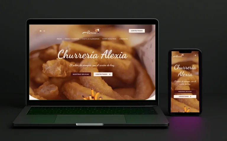 Web de Churrería Alexia con churros recién hechos en la portada, vista en portátil y en móvil