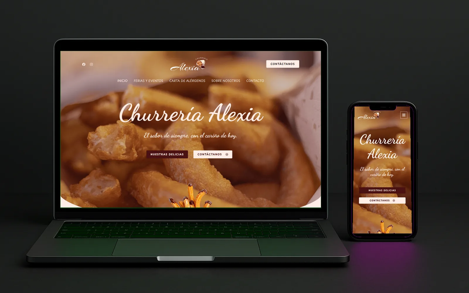 Web de Churrería Alexia con churros recién hechos en la portada, vista en portátil y en móvil