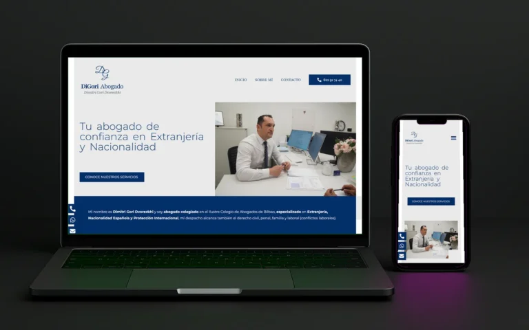 Web de Digori Abogado, extranjería y nacionalidad, con el abogado en su despacho, en portátil y en móvil