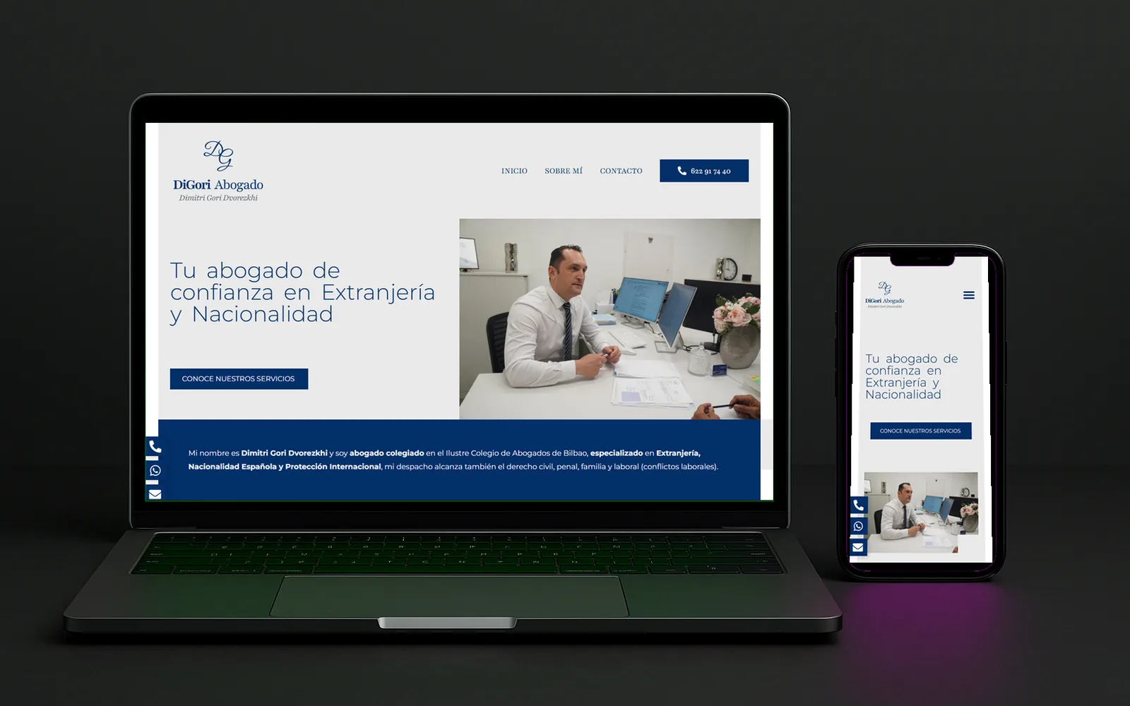 Web de Digori Abogado, extranjería y nacionalidad, con el abogado en su despacho, en portátil y en móvil
