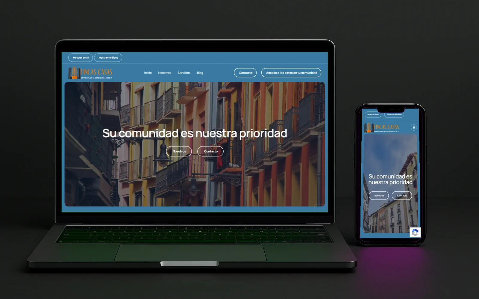 Web de Fincas Casas con fachadas de colores y el lema «Su comunidad es nuestra prioridad»