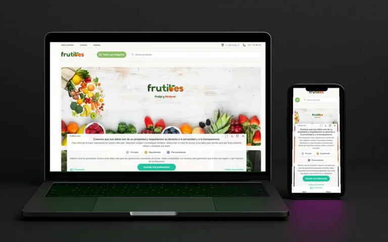 Web de Frutibes con frutas y verduras frescas en la portada, vista en portátil y en móvil