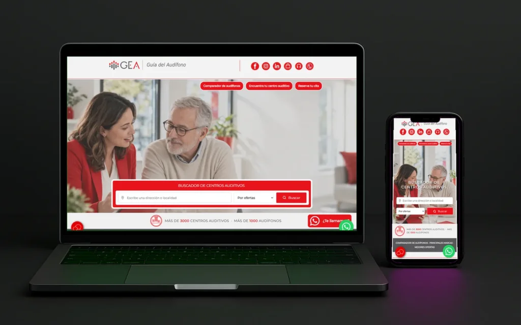 Web de Guía del Audífono con una pareja mayor sonriente y un buscador de centros, en portátil y en móvil