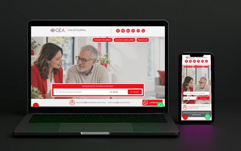 Web de Guía del Audífono con una pareja mayor sonriente y un buscador de centros, en portátil y en móvil