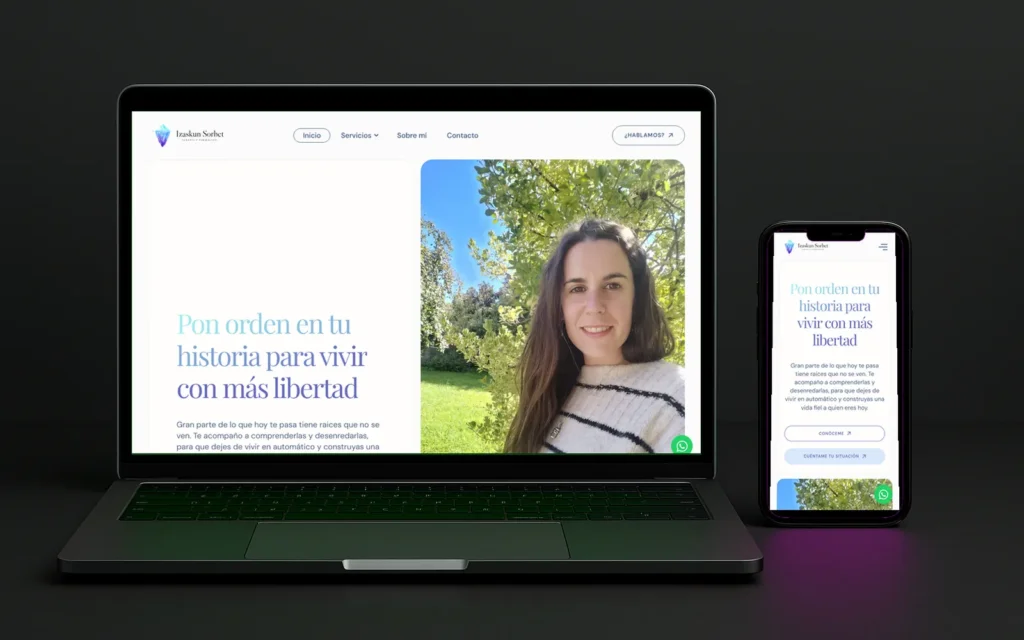 Web de Izaskun Sorbet con su retrato y el lema «Pon orden en tu historia para vivir con más libertad»