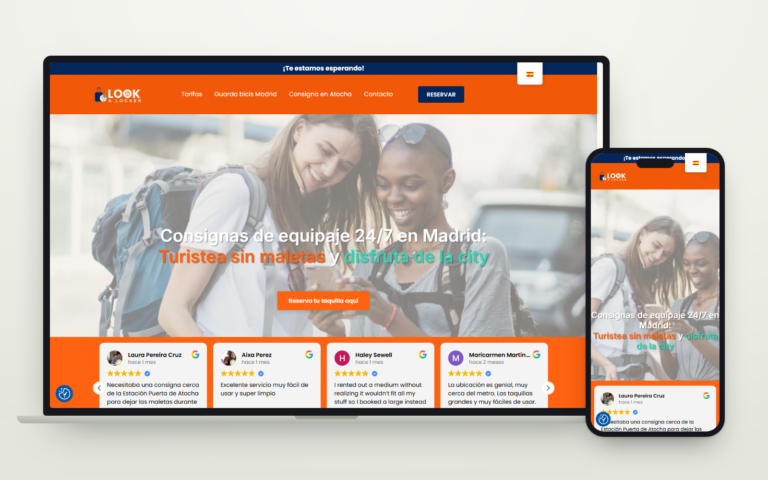 Web de Look a Locker, consignas de equipaje 24/7 en Madrid, con dos viajeras en la portada