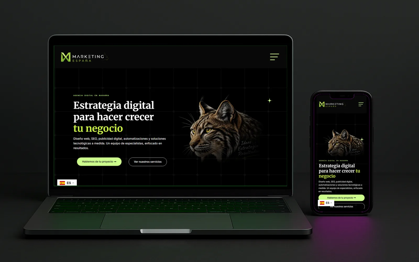 Web de Marketing España con el lema «Estrategia digital para hacer crecer tu negocio», en portátil y móvil