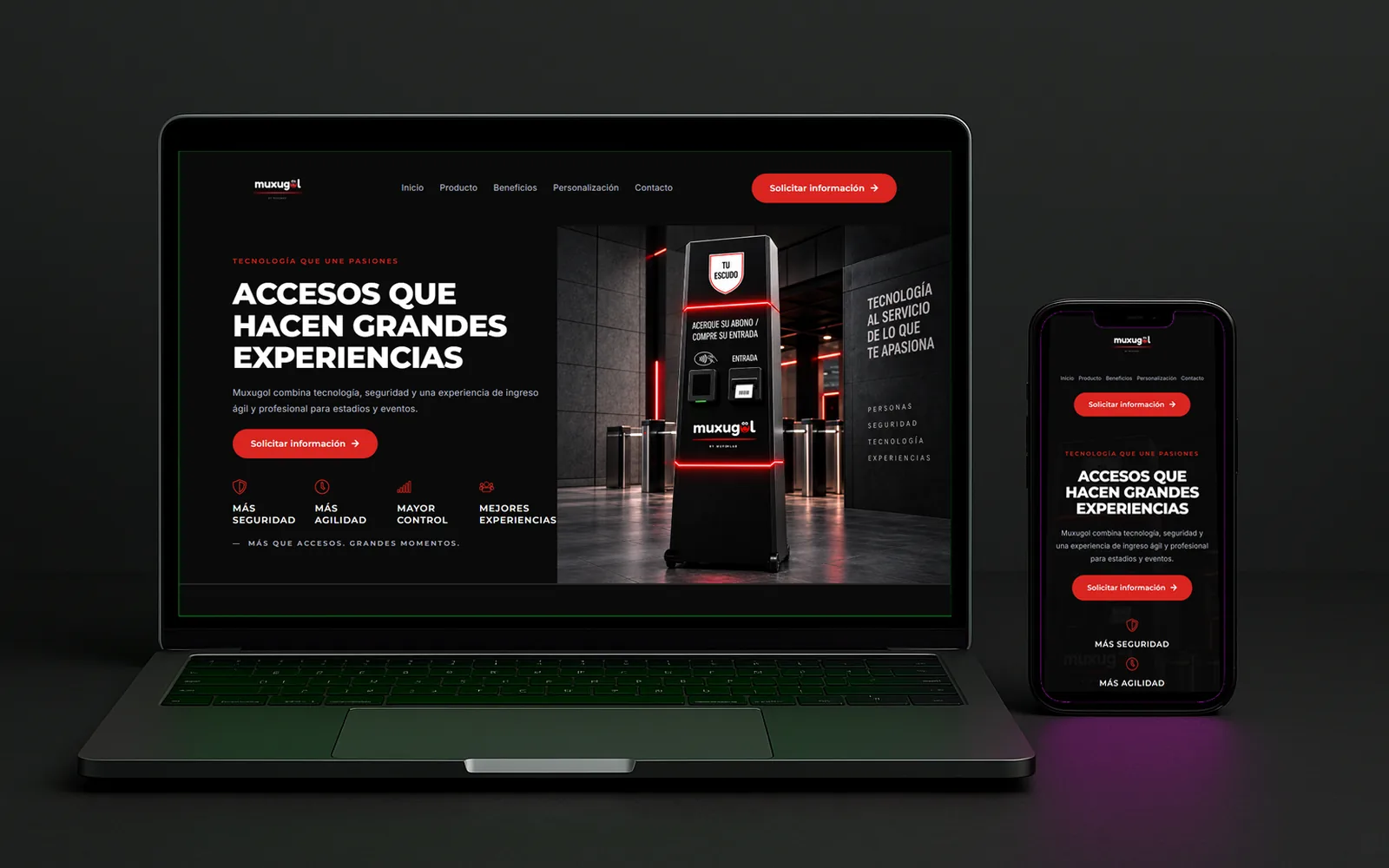 Web de Muxugol con el lema «Accesos que hacen grandes experiencias», vista en portátil y en móvil
