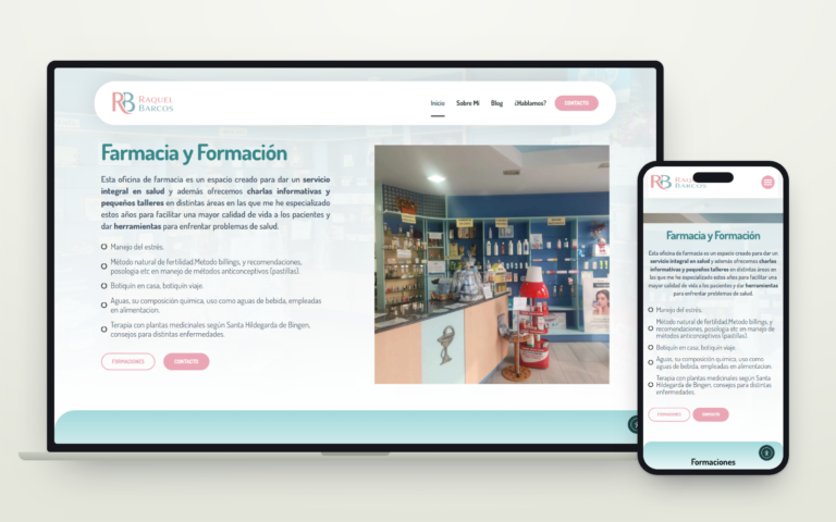Web de Raquel Barcos, farmacia y formación, con el interior de la farmacia, vista en ordenador y en móvil