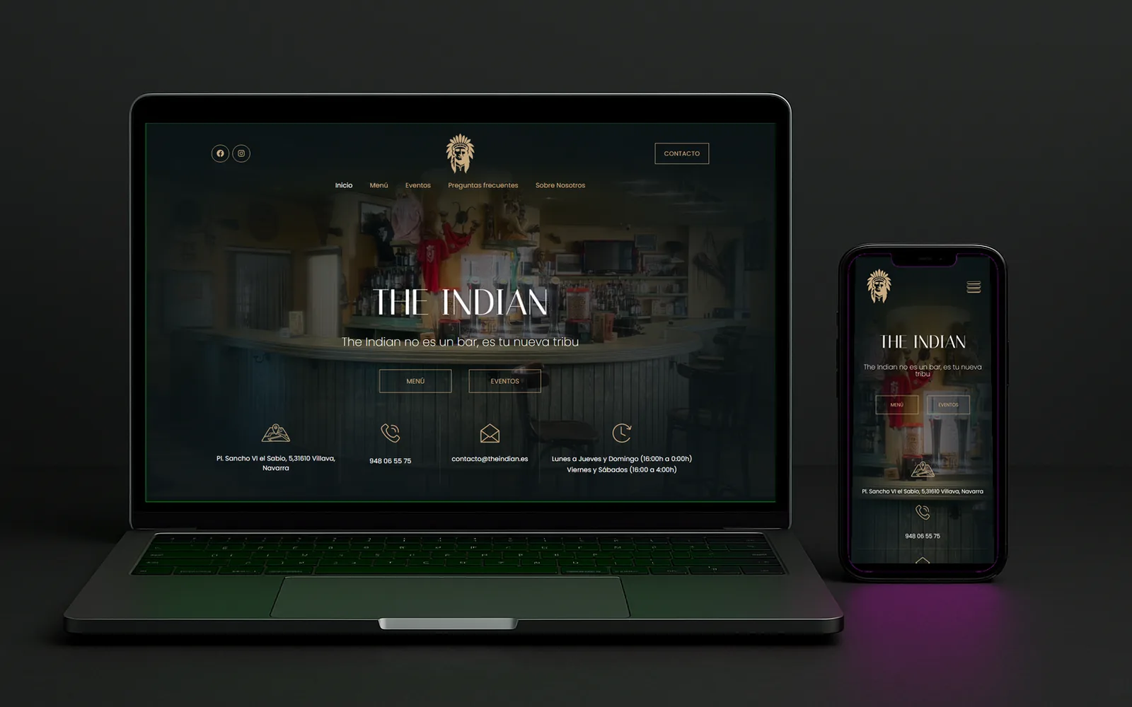 Web de The Indian Villava con su local en penumbra en la portada, vista en portátil y en móvil