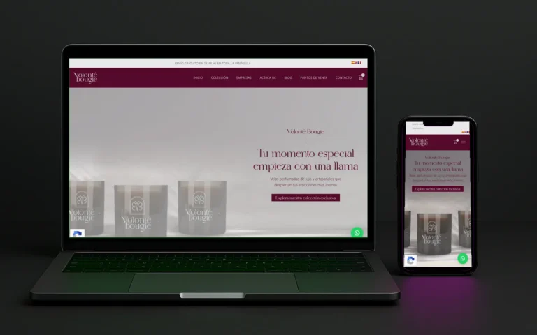 Tienda online de Volonté Bougie con velas y el lema «Tu momento especial empieza con una llama»