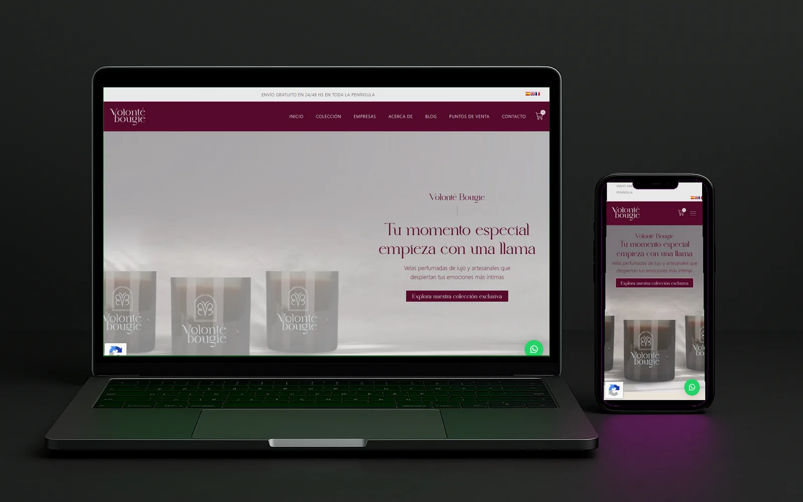 Tienda online de Volonté Bougie con velas y el lema «Tu momento especial empieza con una llama»