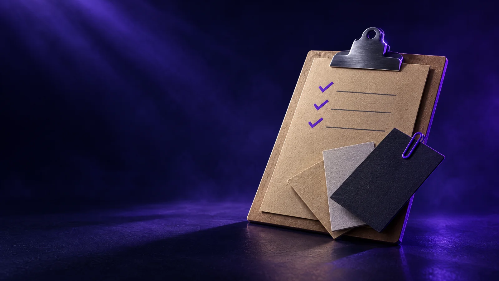 Tablilla con una lista de comprobación y tres marcas violetas junto a tres tarjetas de visita, una sujeta con un clip