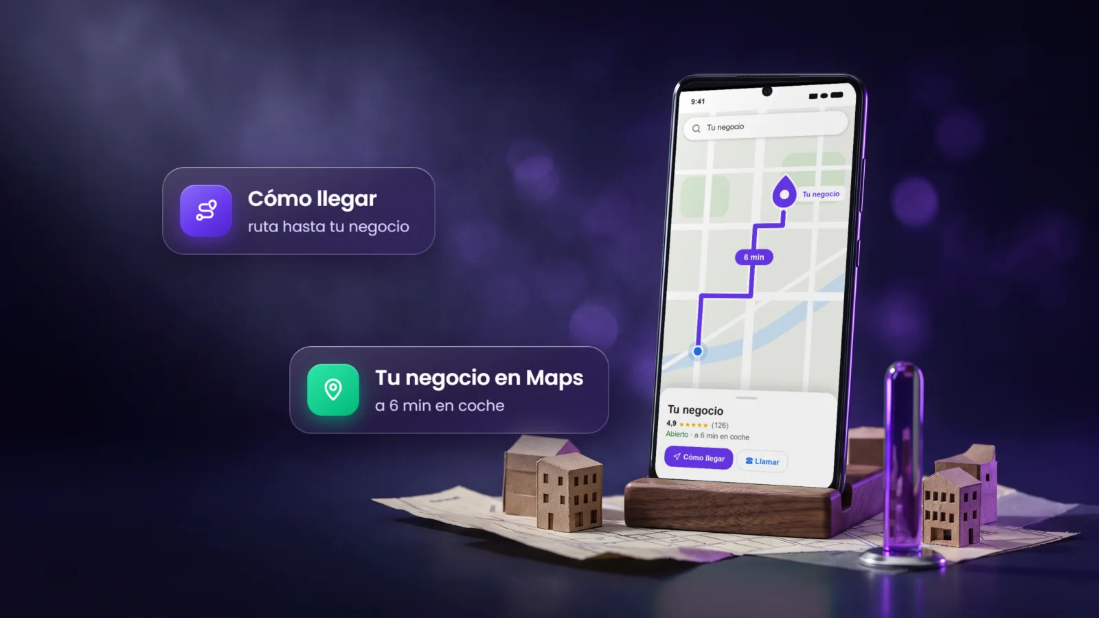 Móvil con la ruta de Google Maps hasta tu negocio y los botones de llamar y cómo llegar, sobre un plano