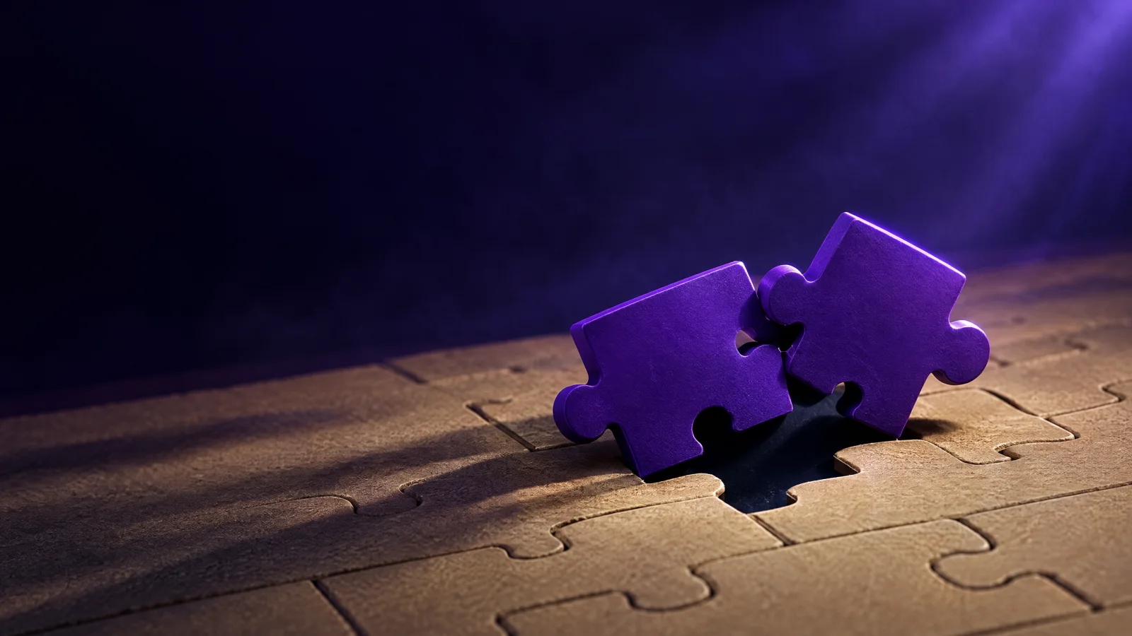 Dos piezas de puzle violetas iguales que intentan encajar en el mismo hueco, como dos páginas que compiten por una búsqueda